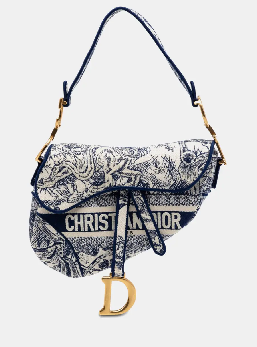 Dior Blue Saddle Medium Blue Toile de Jouy Embroidered Canvas Shoulder Bag