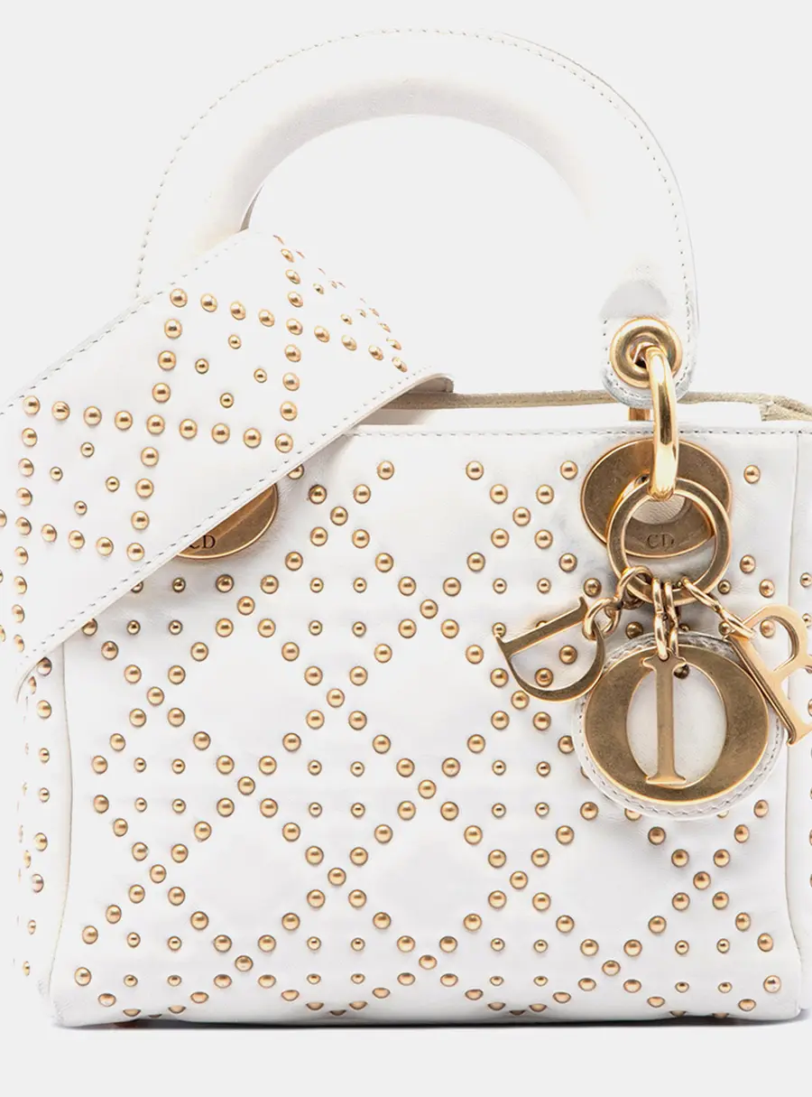 Christian Dior Supple Lady Dior Mini White Lambskin Leather Top Handle Bag