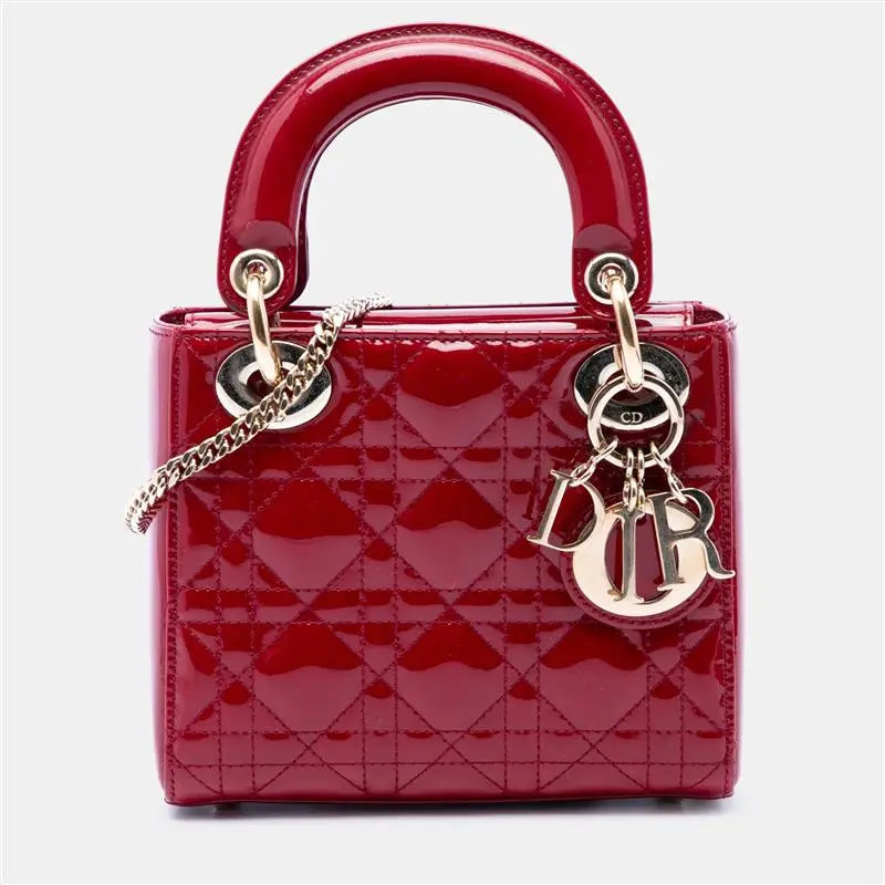 Christian Dior Lady Dior Mini Cherry Red Patent Cannage Calfskin Top Handle Bag