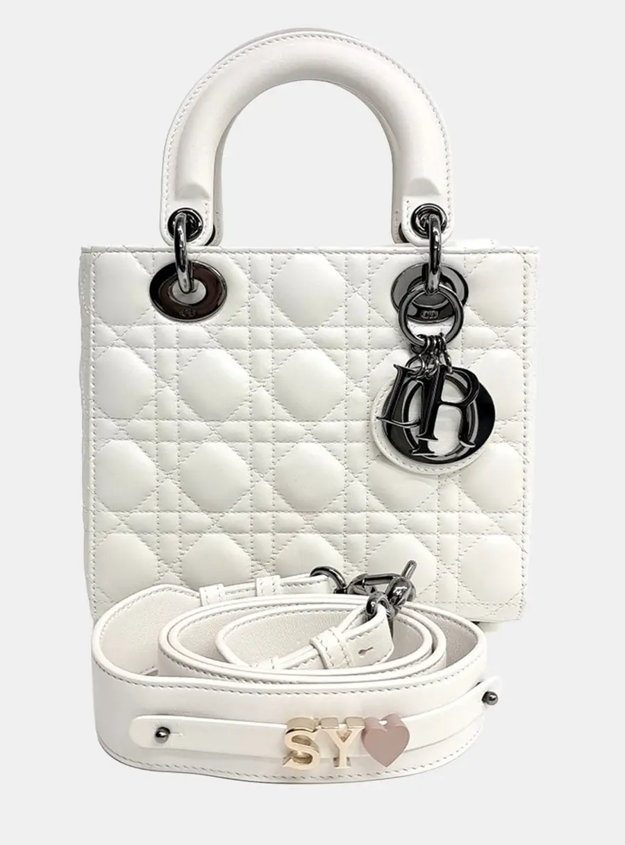 Dior Lady Dior Small White Cannage Lambskin Leather Top Handle Bag