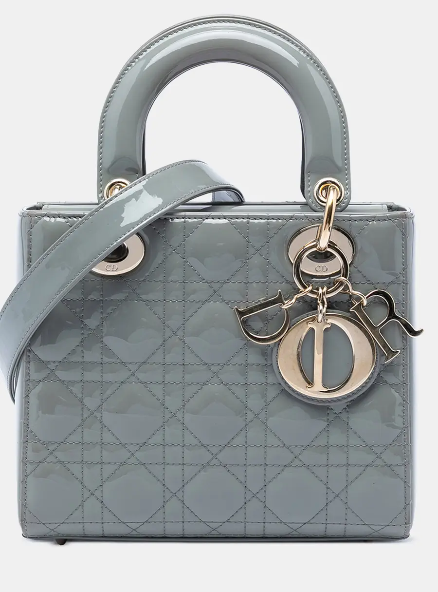 Christian Dior Lady Dior Small Gray Patent Leather Top Handle Bag