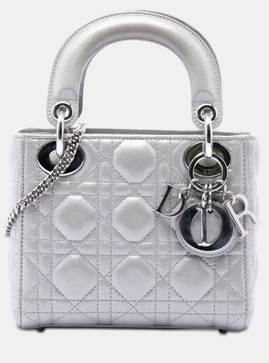 Dior Lady Dior Mini Silver Iridescent Lambskin Cannage Top Handle Bag