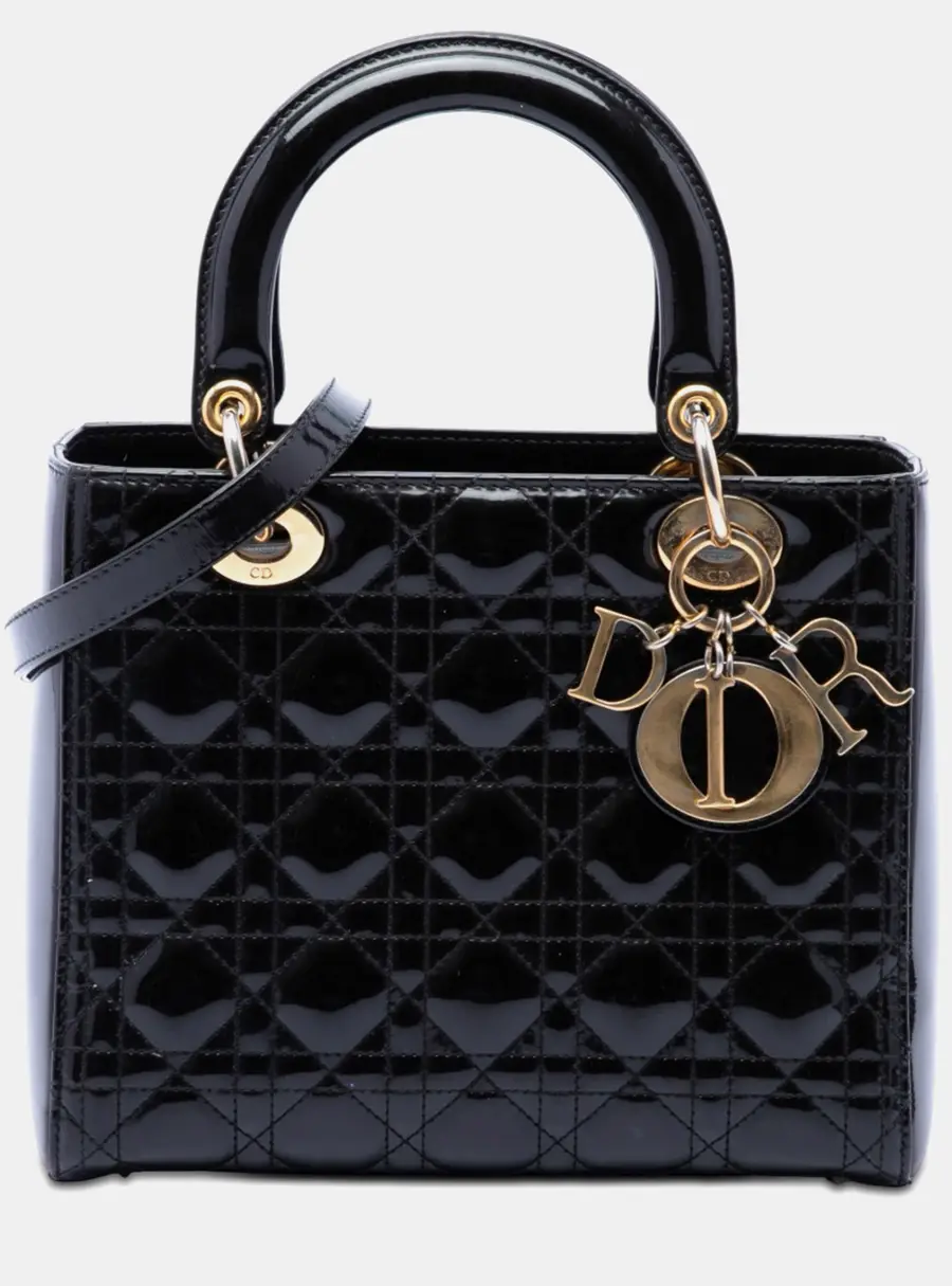 Christian Dior Lady Dior Medium Black Patent Leather Top Handle Bag