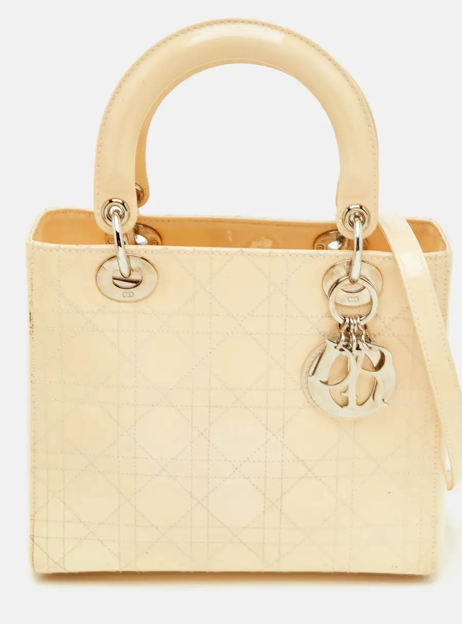 Dior Lady Dior Medium Cream Cannage Patent Leather Tote