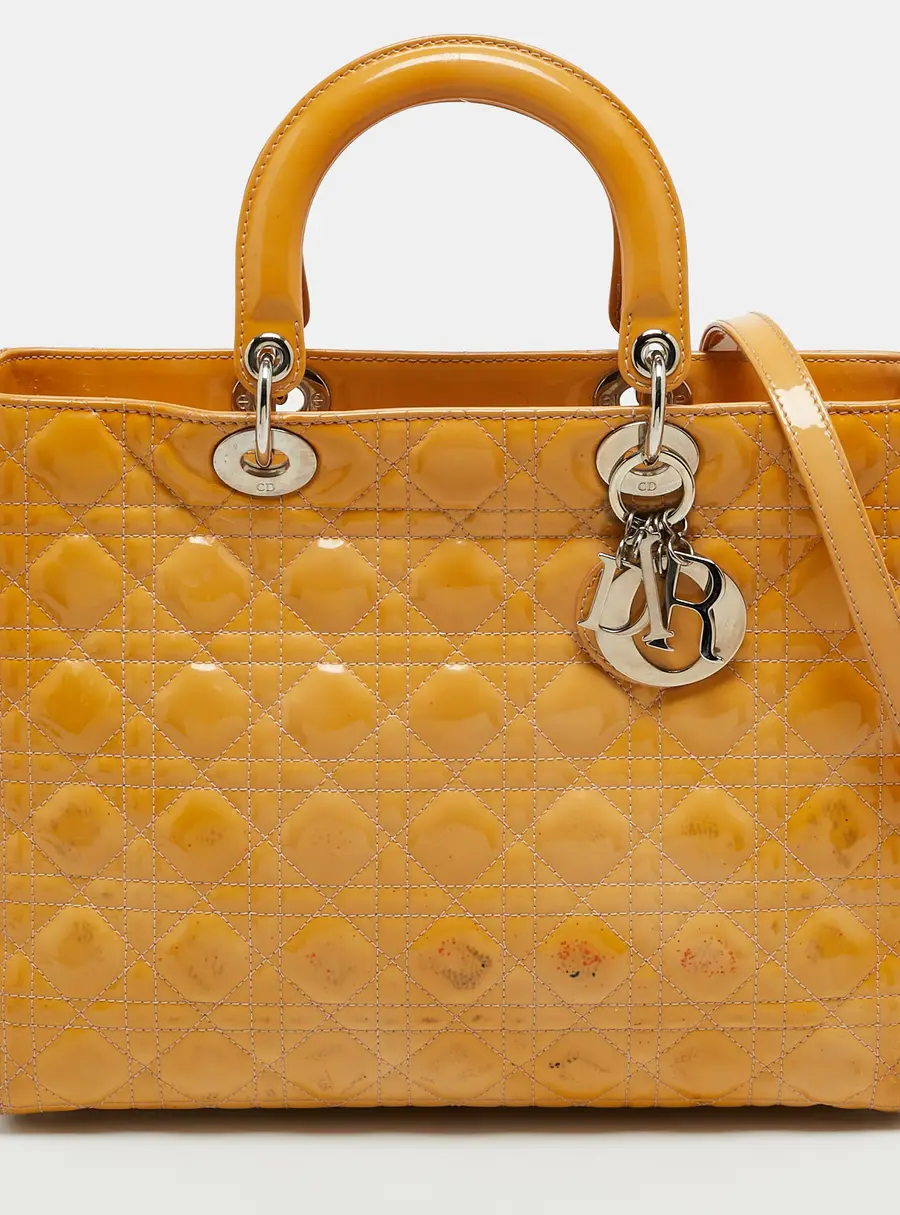 Dior Lady Dior Large Yellow Cannage Patent Leather Tote