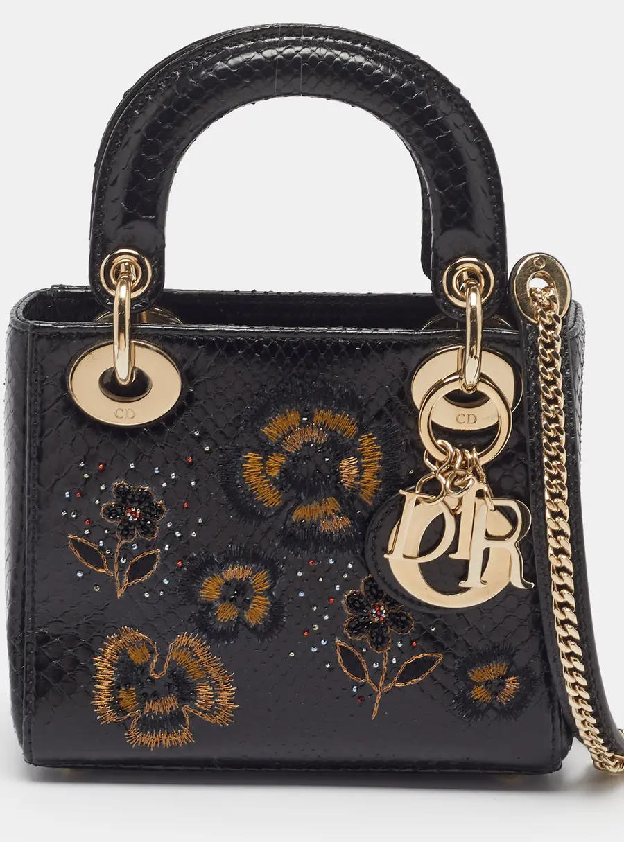 Dior Lady Dior Embellished Mini Black Snakeskin Tote