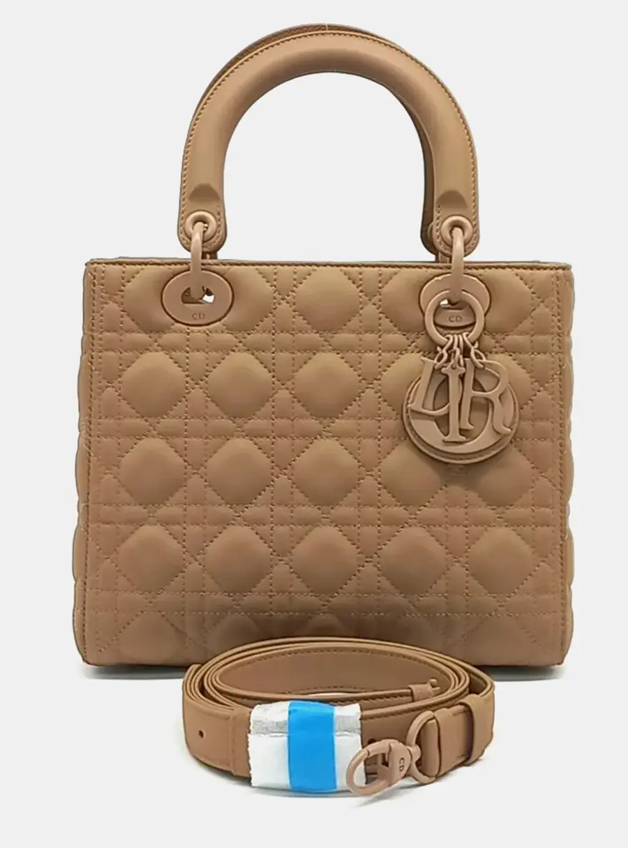 Dior Lady Dior Medium Latte Ultra Matte Cannage Calfskin Leather Top Handle Bag