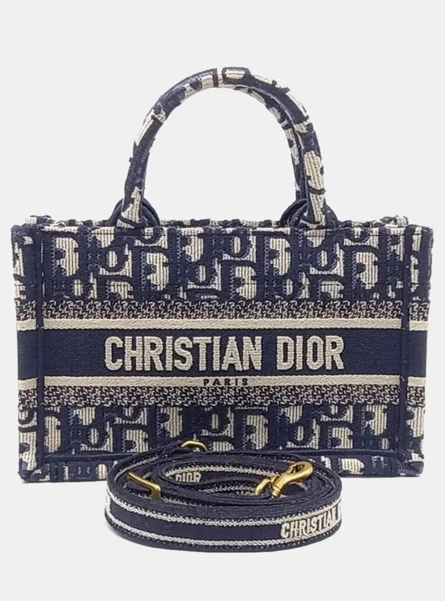Christian Dior Beige Navy Blue Fabric Book Tote Mini Shoulder Strap Bag S5573CRIW
