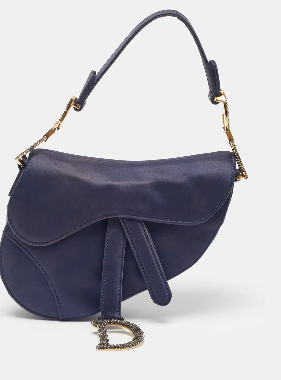 Dior Crystal Embellished Saddle Mini Dark Blue Satin Bag