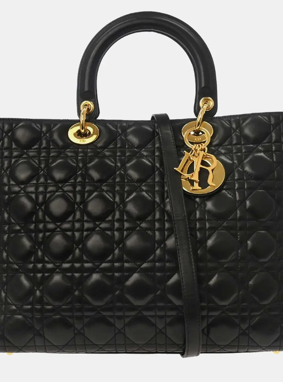 Christian Dior Lady Dior Large Black Lambskin Leather Top Handle Bag