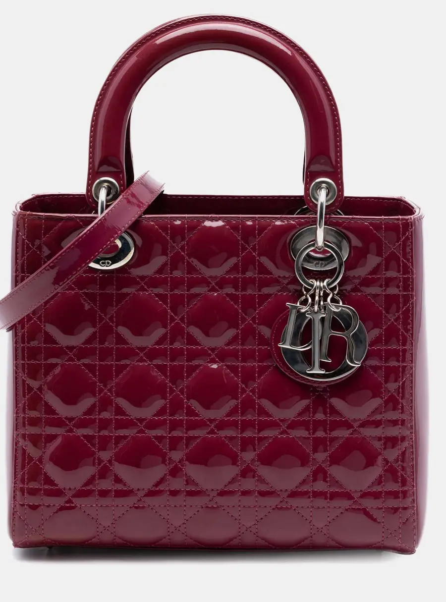 Dior Lady Dior Medium Burgundy Patent Calfskin Leather Top Handle Bag