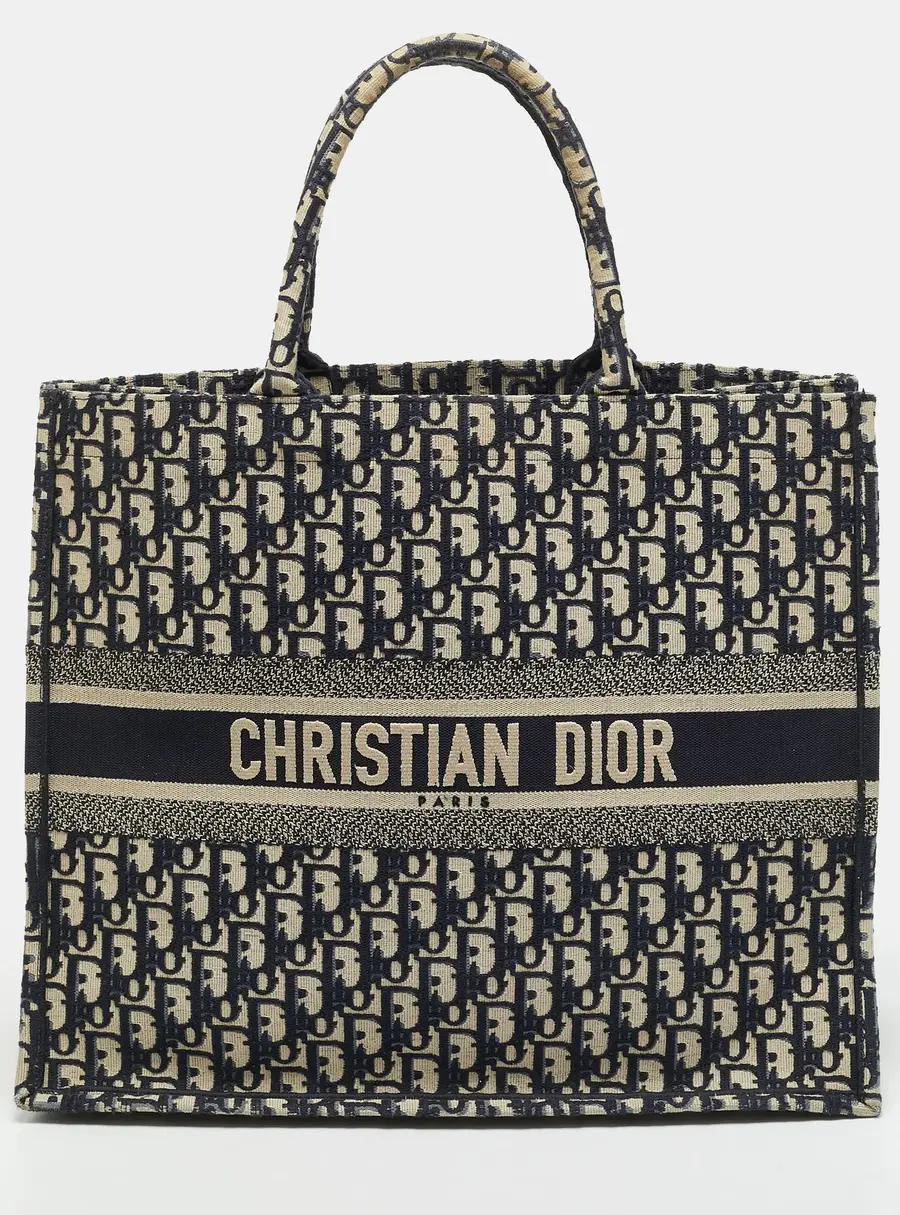 Dior Book Large Navy Blue Oblique Embroidered Canvas Tote
