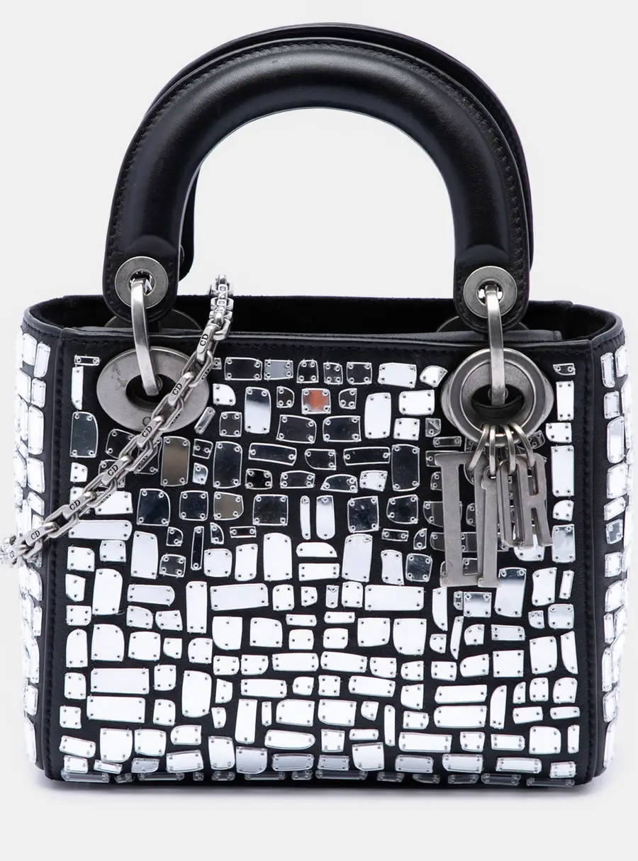 Christian Dior Lady Dior Mini Black Smooth Calfskin Embroidered Mosaic of Mirrors Top Handle Bag