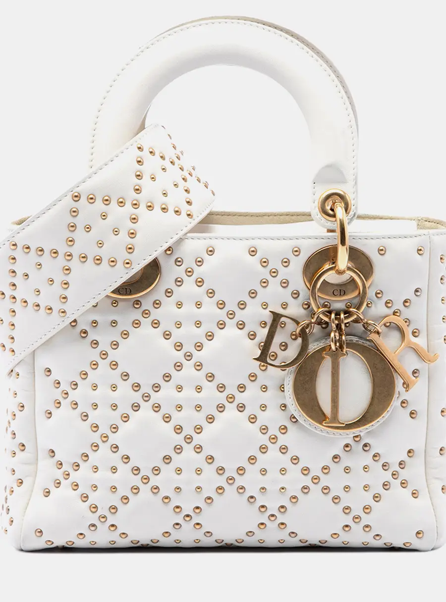 Christian Dior Supple Lady Dior Small White Lambskin Leather Top Handle Bag