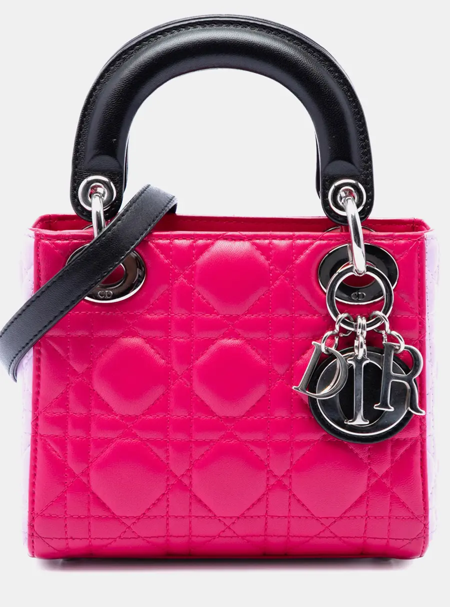 Dior Lady Dior Mini Fuchsia Light Pink Black Lambskin Leather Top Handle Bag