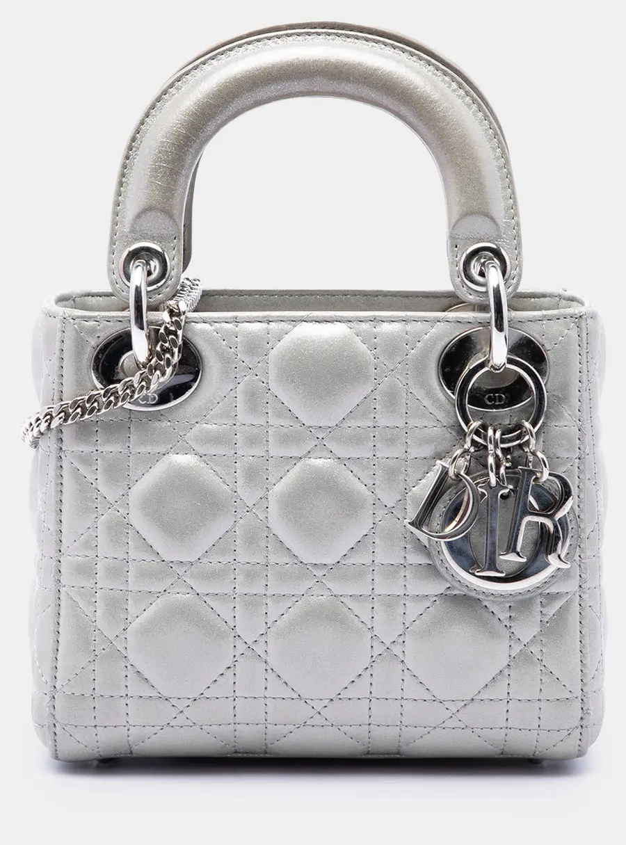 Dior Lady Dior Mini Silver Iridescent Lambskin Cannage Top Handle Bag