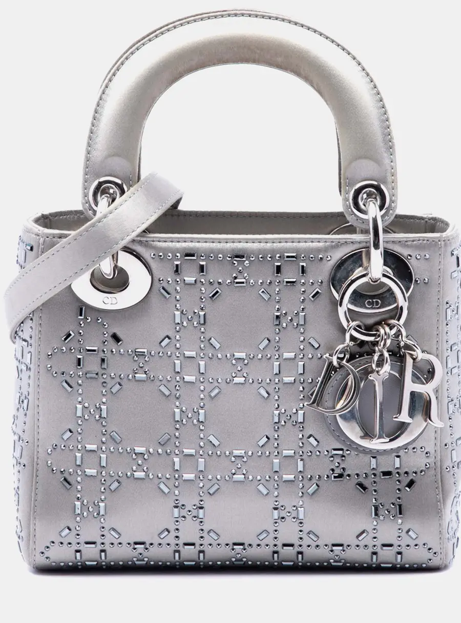 Christian Dior Lady Dior Mini Grey Satin Crystal Top Handle Bag