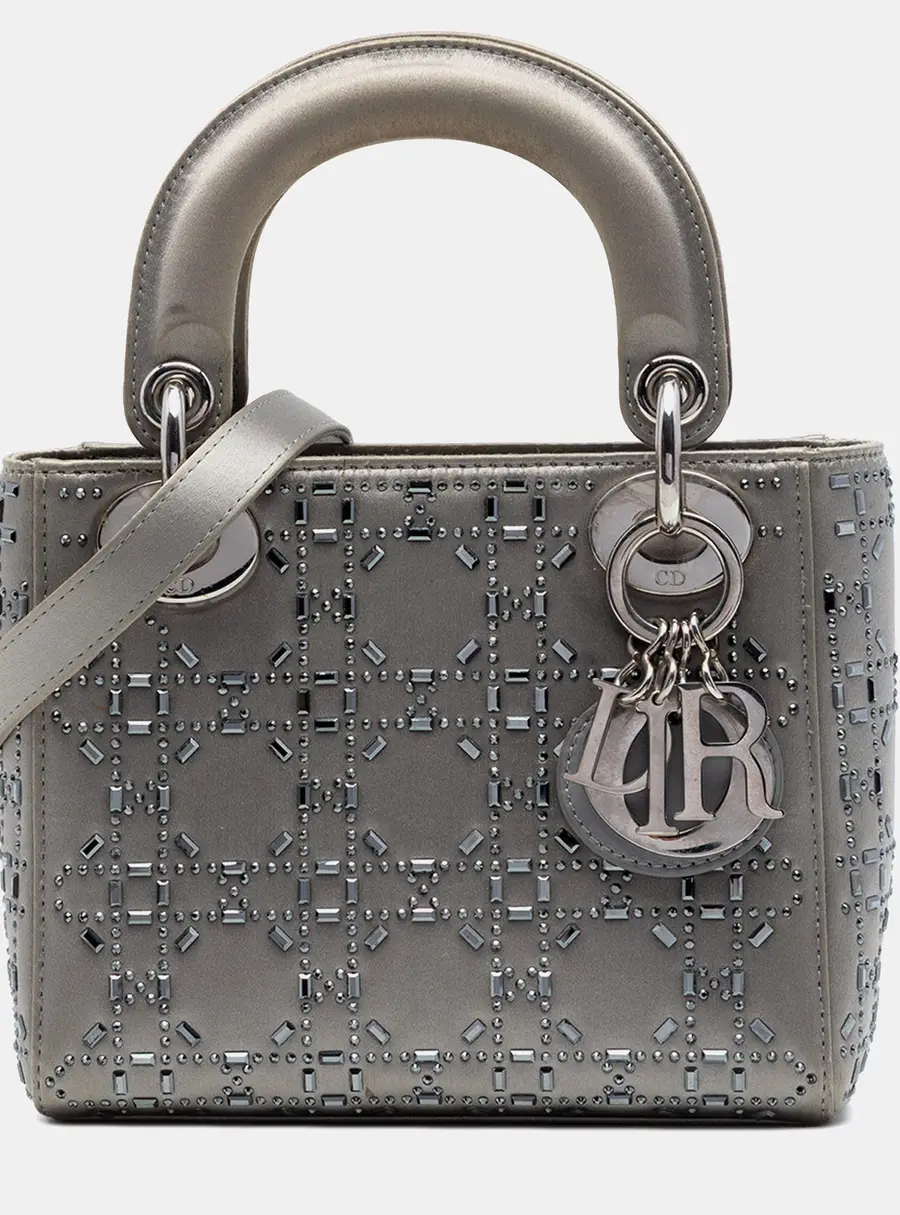 Dior Lady Dior Mini Grey Satin Crystal Embellished Top Handle Bag
