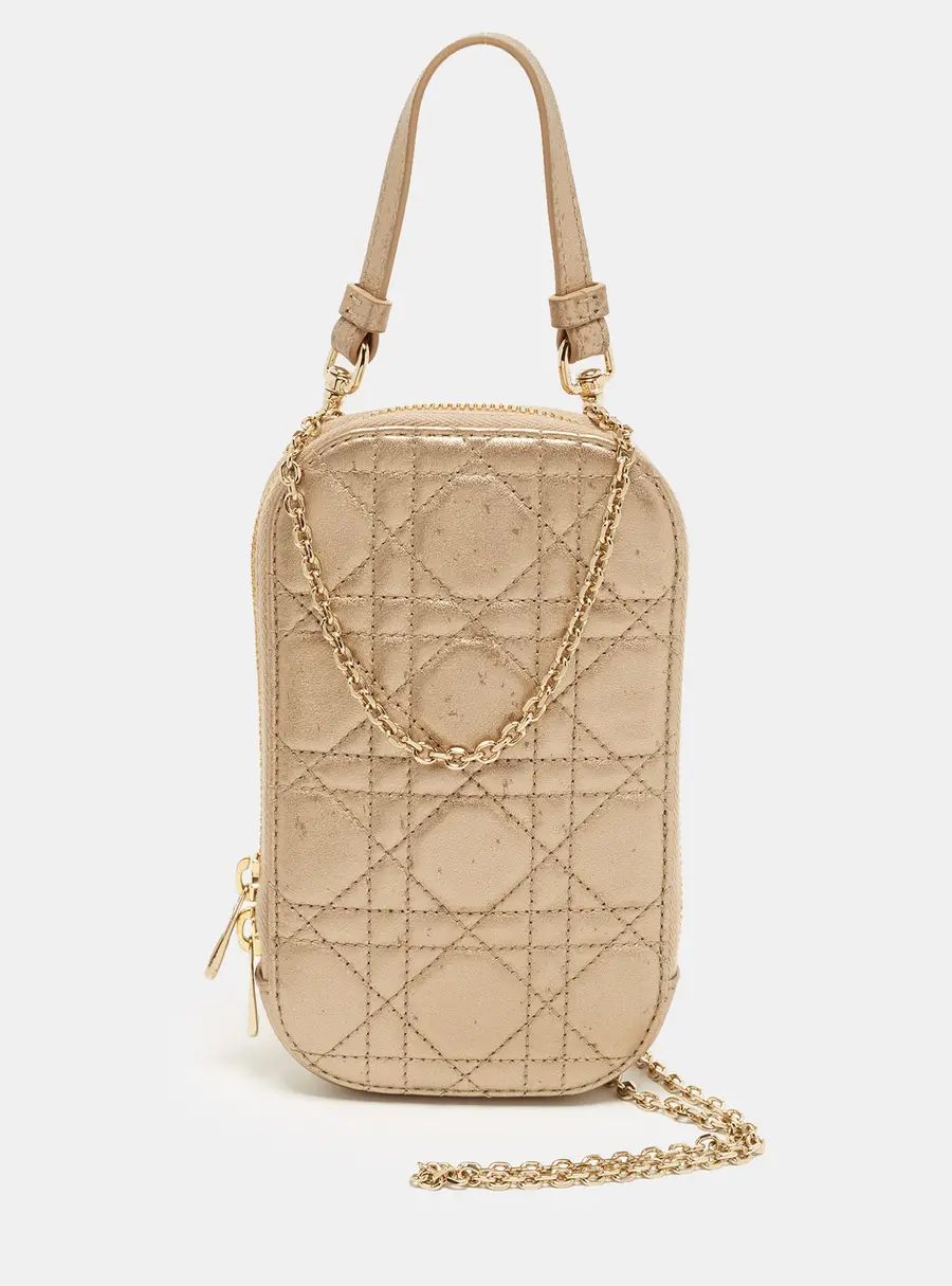 Dior Call'in Dior Gold Cannage Leather Phone Pouch With Chain