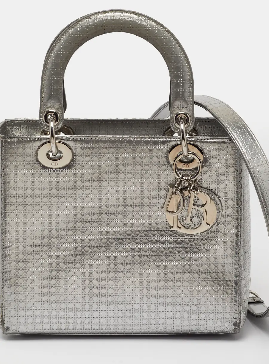 Dior Lady Dior Medium Silver Micro Cannage Patent Leather Tote