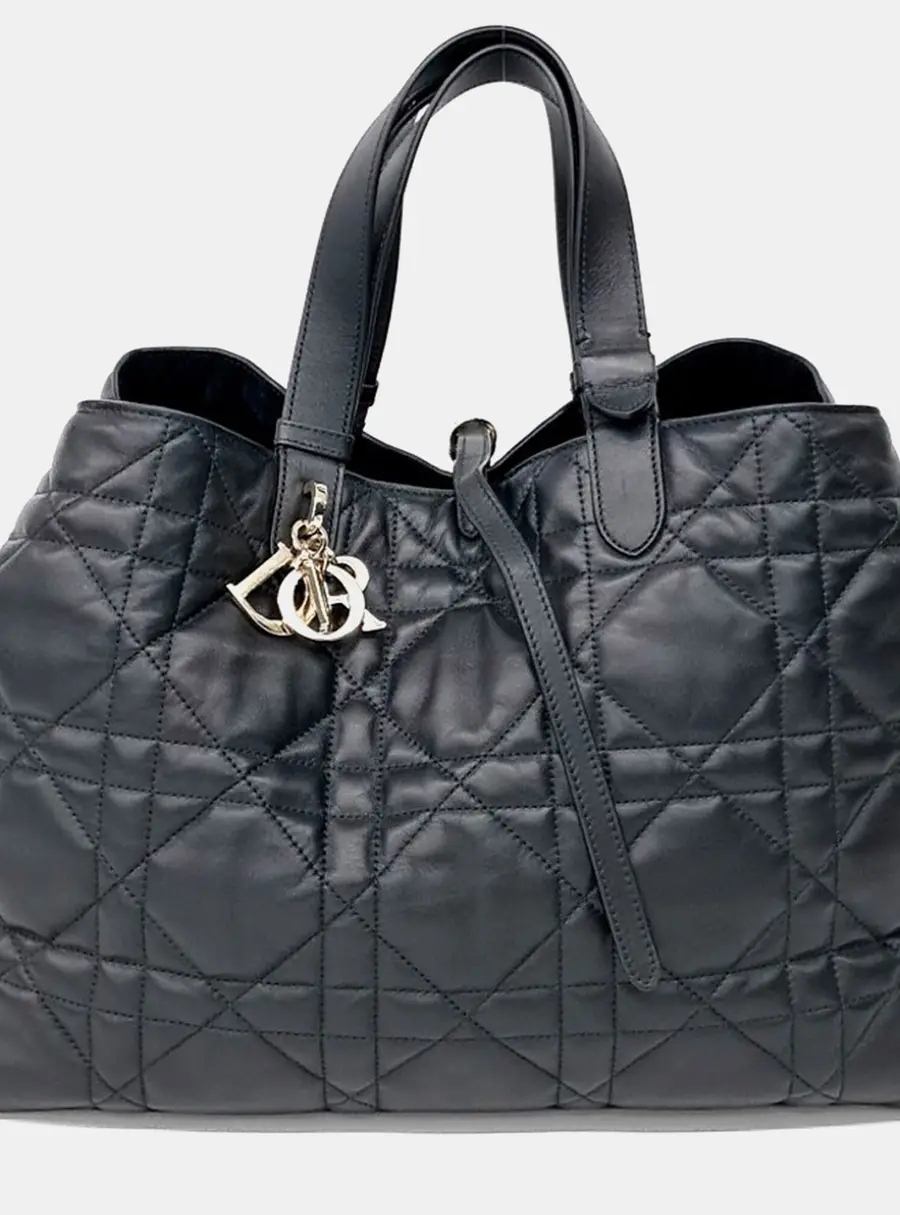 Christian Dior Toujours Large Black Cannage Lambskin Leather Top Handle Bag