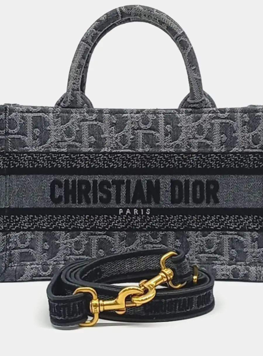 Christian Dior Book Tote Mini Gray Denim Fabric Top Handle Bag