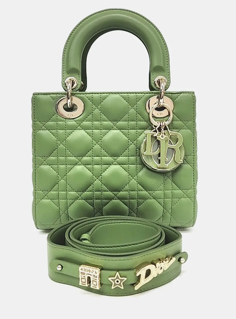Christian Dior Lady Dior Small Green Cannage Calfskin Leather Top Handle Bag