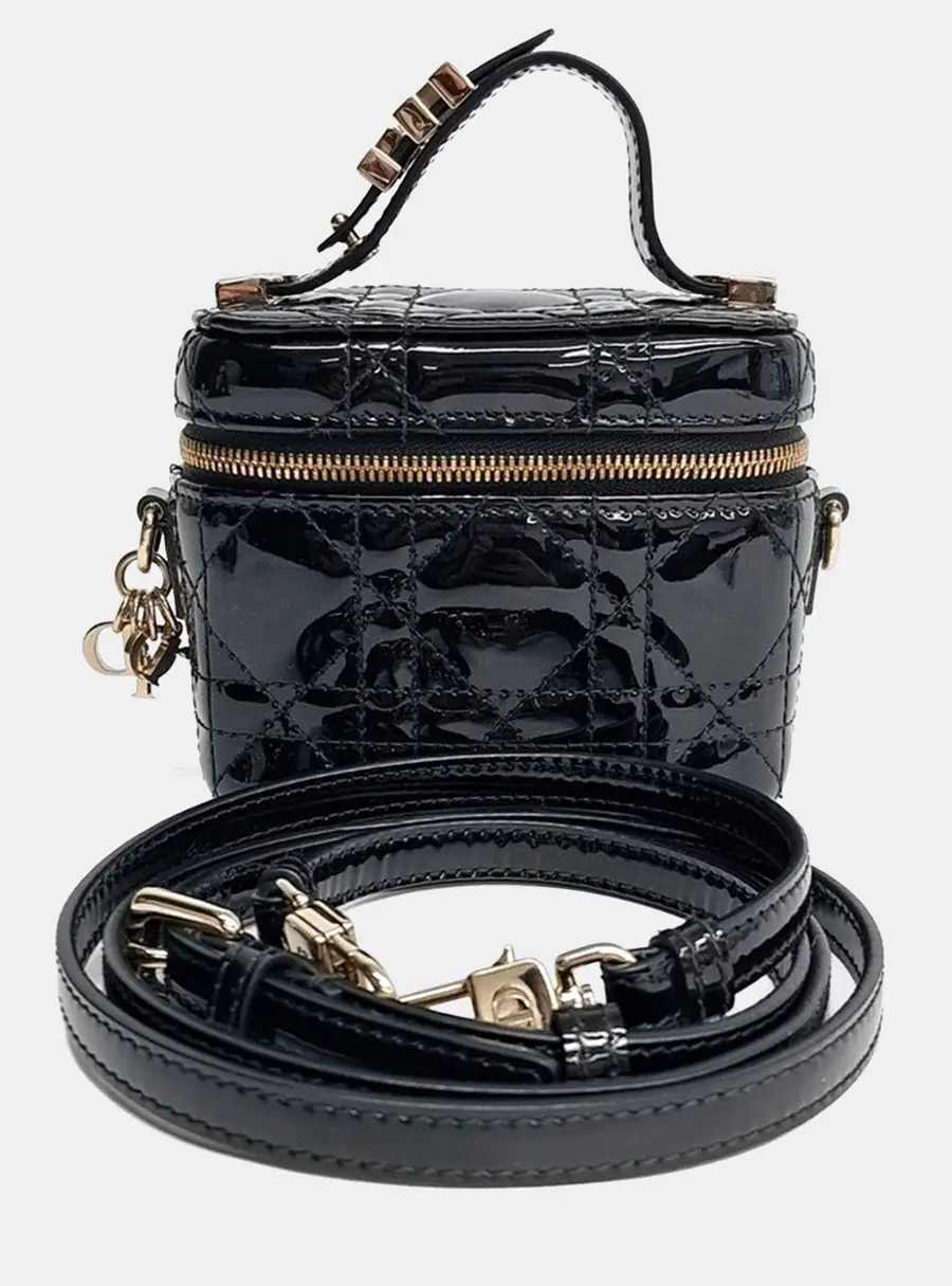 Christian Dior Micro Vanity Black Patent Cannage Leather Top Handle Bag