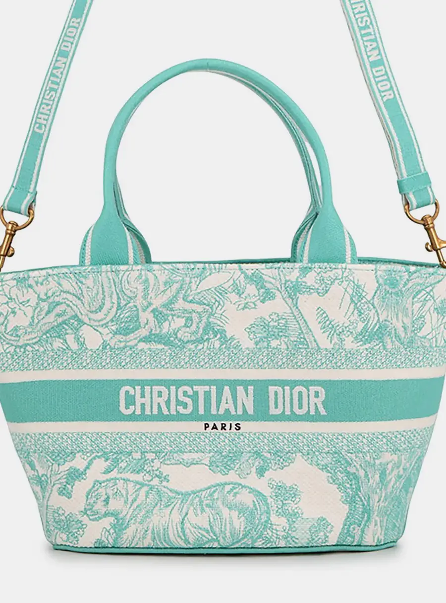Dior Toile De Jouy Embroidery Pannier Aquamarine Canvas Tote Bag