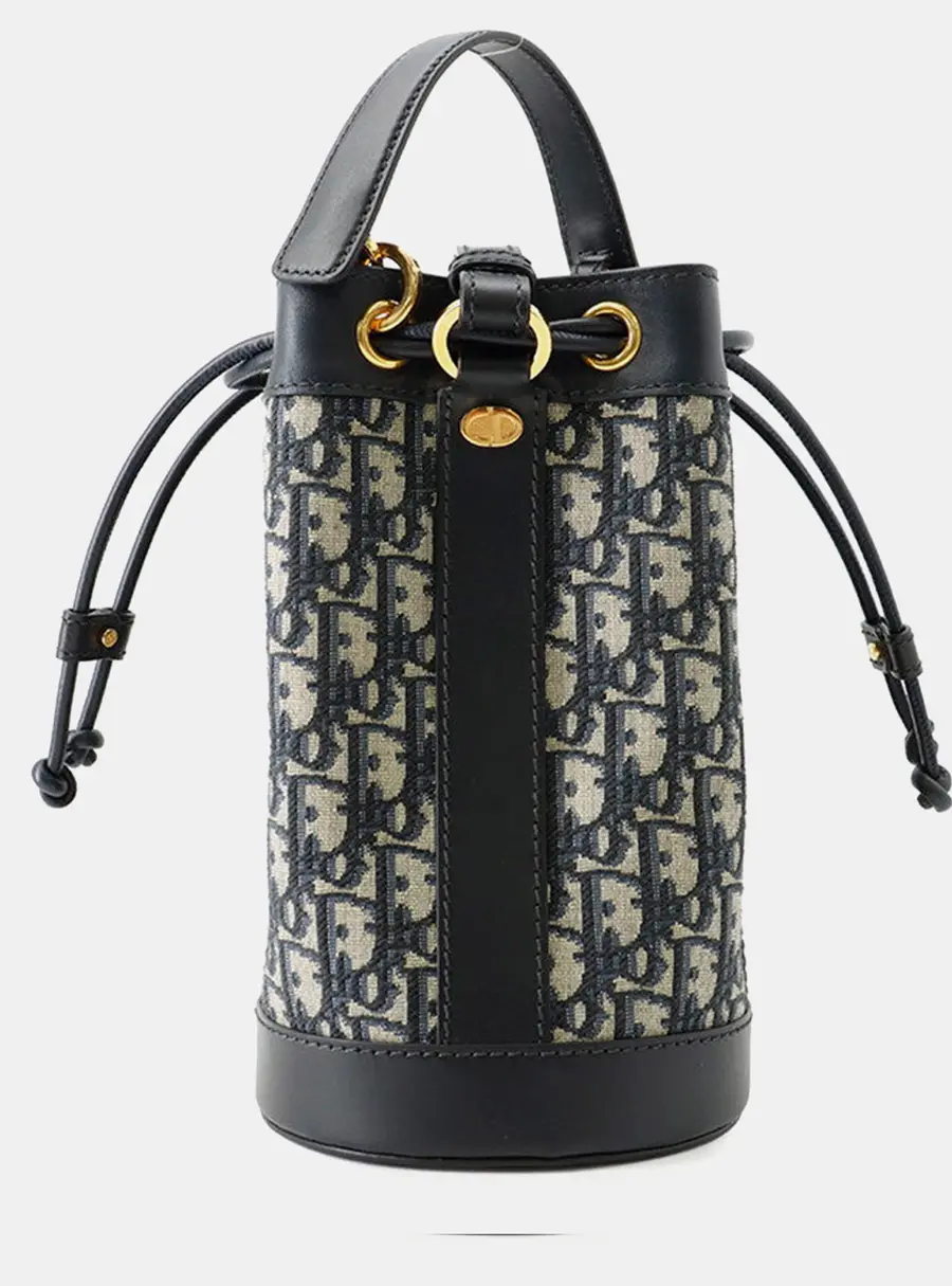 Dior Bucket Small Black Navy Oblique Canvas Calfskin Leather Drawstring Bag