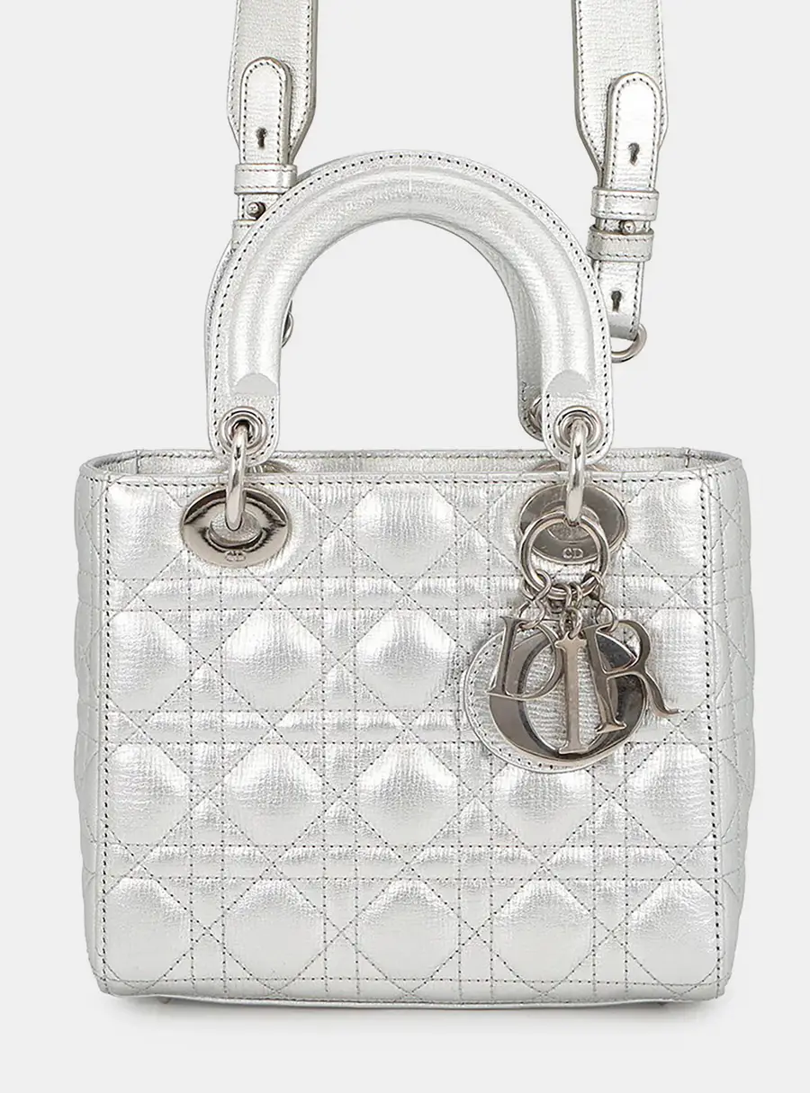 Dior Lady Dior Small Silver Metallic Leather Top Handle Bag