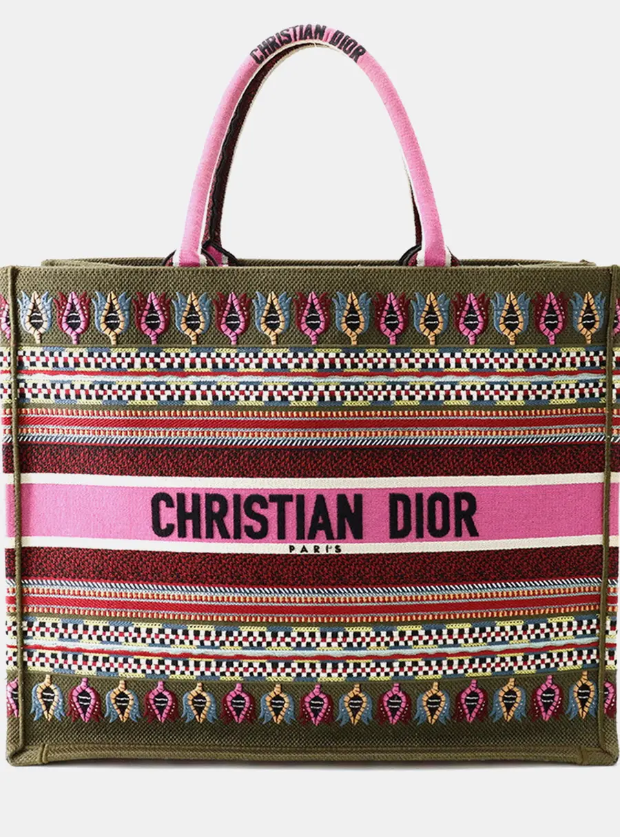 Dior Book Tote Large Khaki Multicolor Canvas Tote Bag