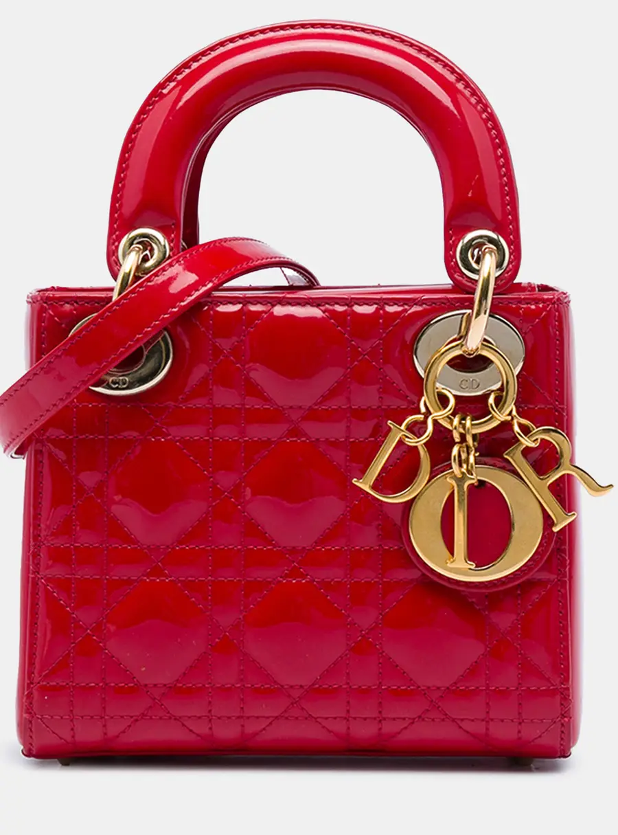 Christian Dior Lady Dior Mini Cherry Red Patent Calfskin Leather Top Handle Bag