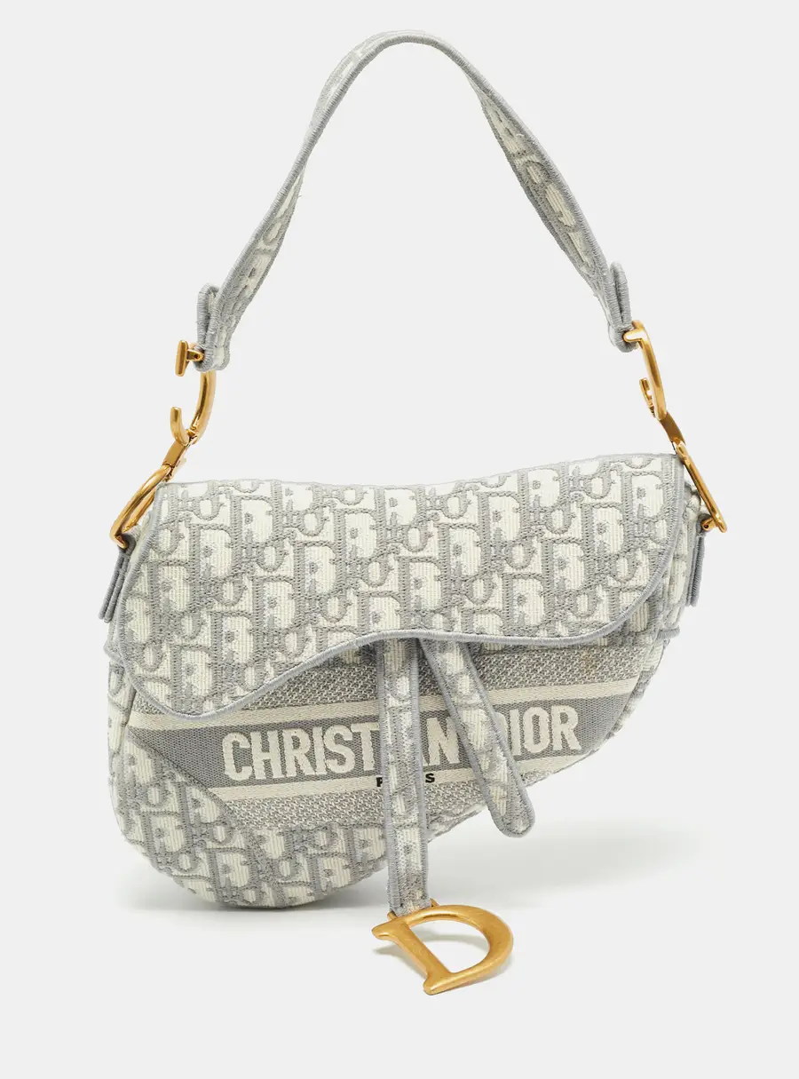Dior Saddle Grey/Off White Oblique Embroidered Canvas Shoulder Bag