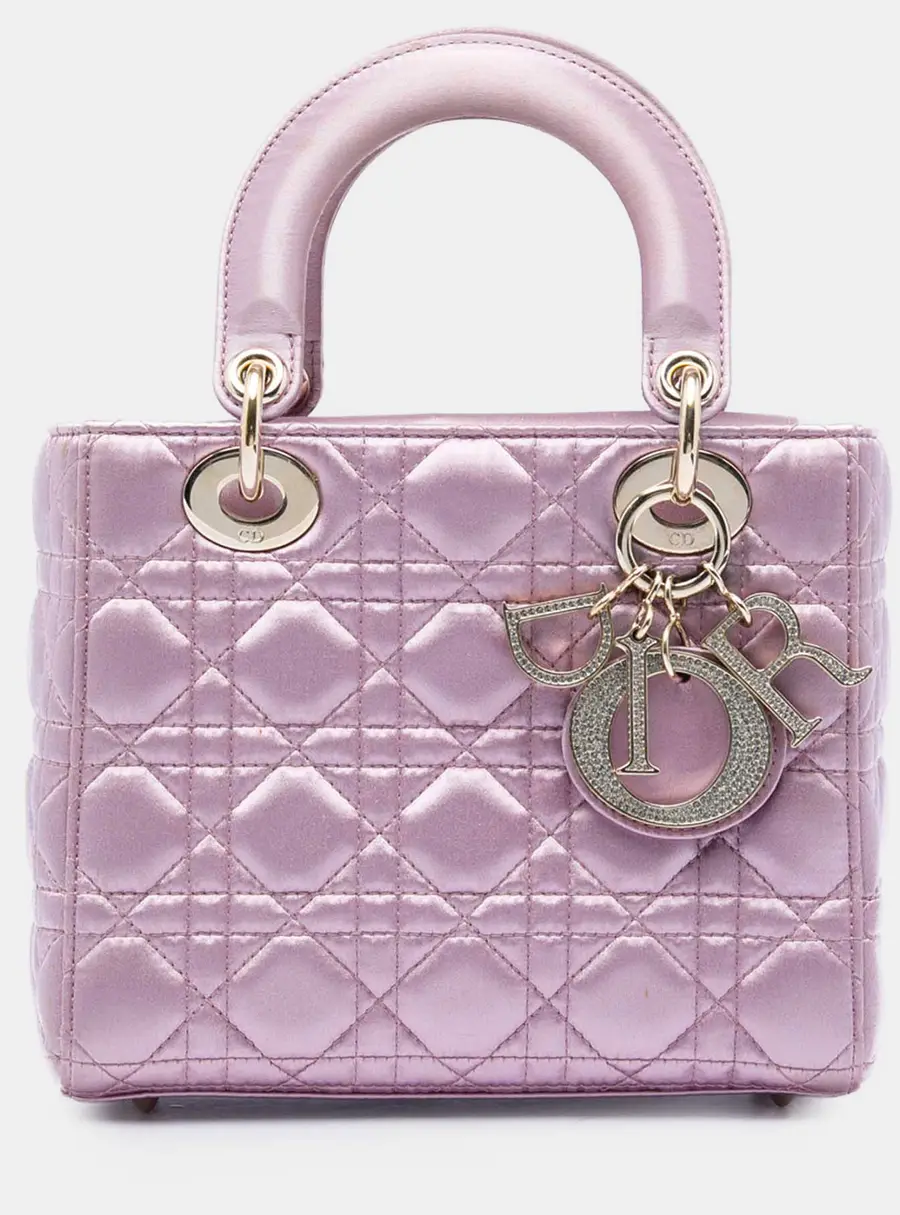 Christian Dior Lady Dior Small Pink Satin Swarovski Crystal Top Handle Bag