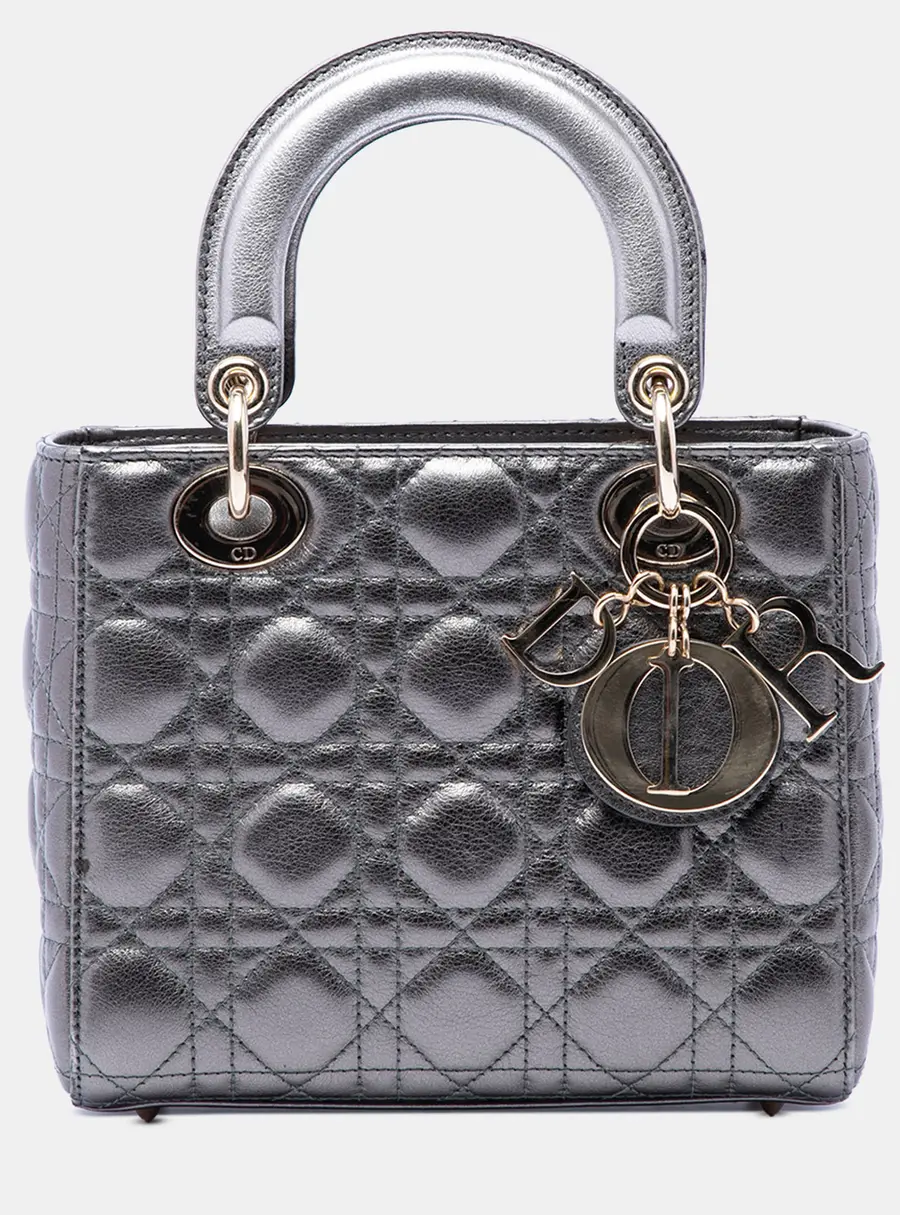 Dior My ABCDior Small Grey Metallic Lambskin Leather Top Handle Bag