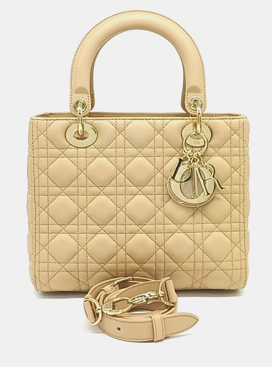 Christian Dior Lady Dior Medium Beige Cannage Leather Top Handle Bag