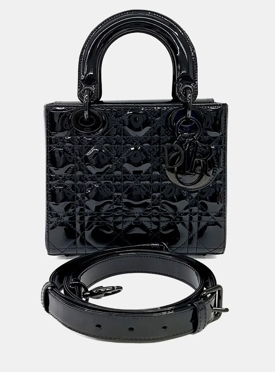 Dior Lady Dior Small Black Patent Leather Top Handle Bag