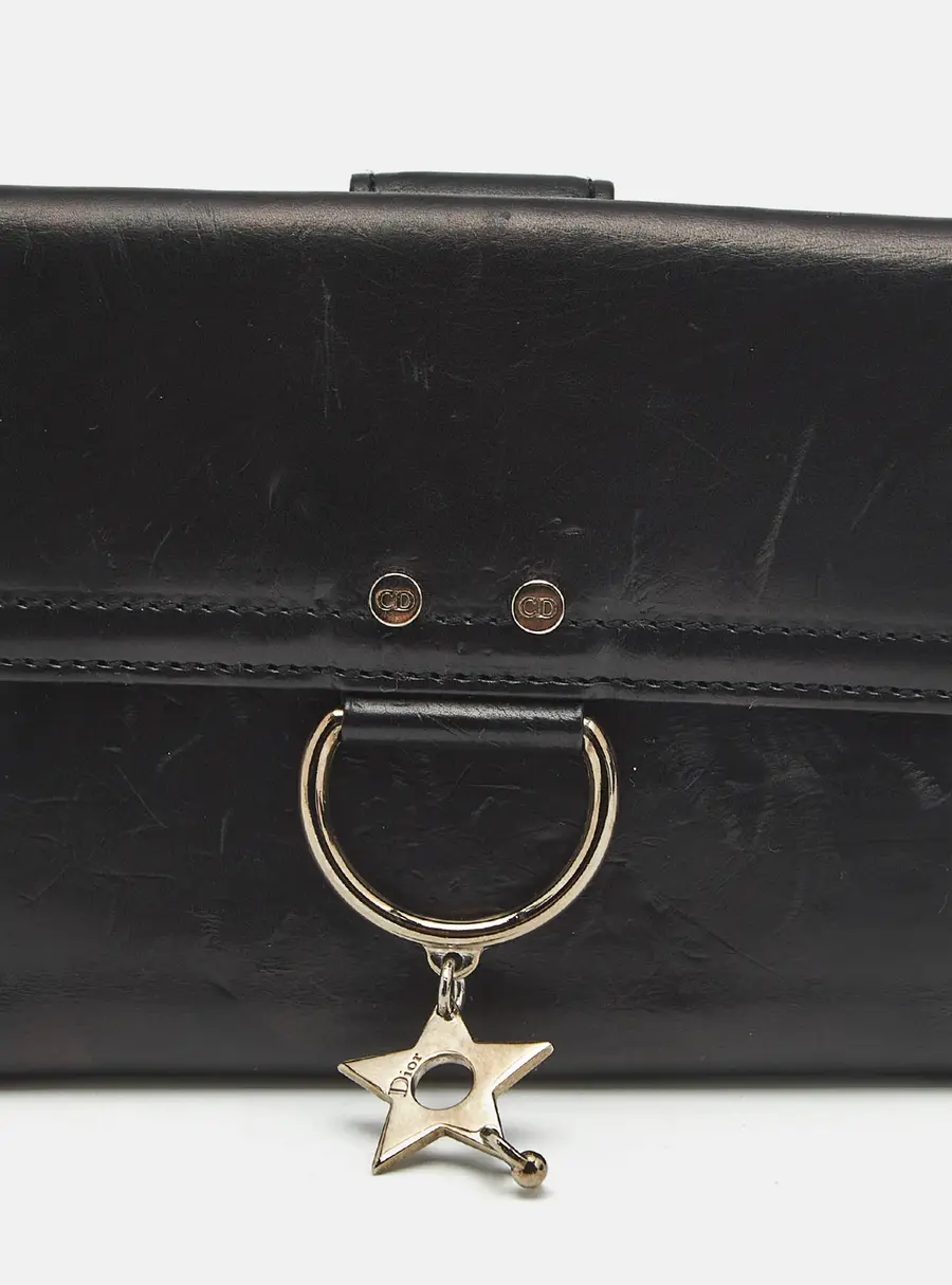 Dior Pierced D-Ring Black Leather French Wallet