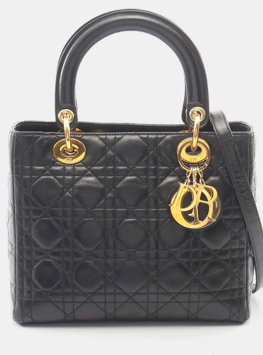 Christian Dior Lady Dior Medium Black Lambskin Cannage Handbag
