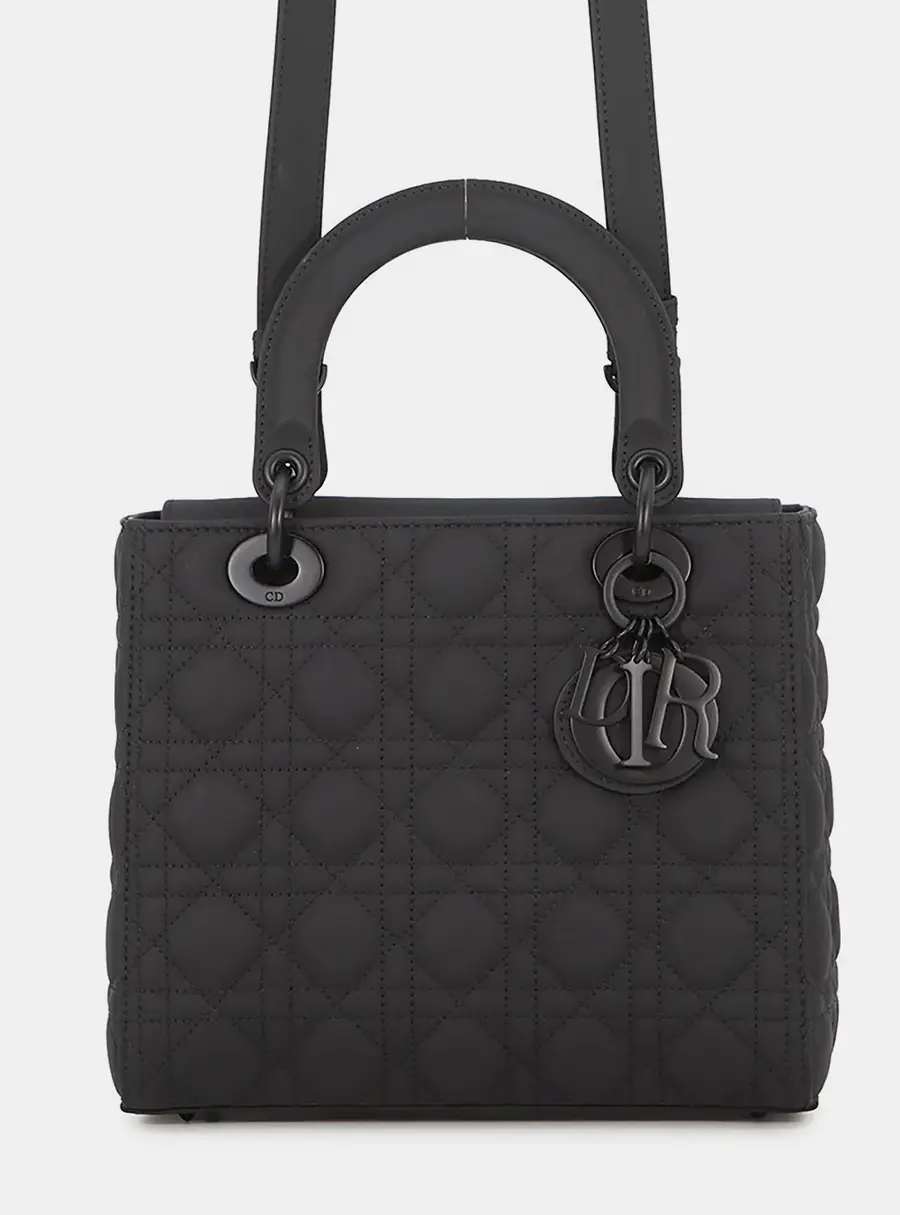 Dior Lady Dior Medium Black Ultra Matte Cannage Calfskin Leather Top Handle Bag