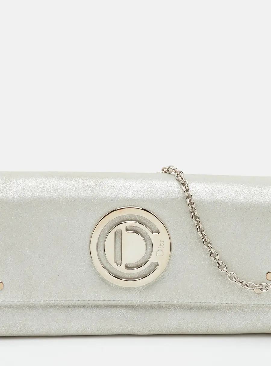 Dior Round CD Logo Metallic Silver Leather Wallet On Chain