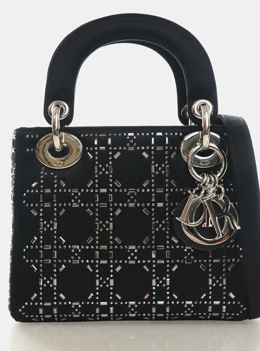 Christian Dior Mini Lady Dior Black Strass Satin Top Handle Bag