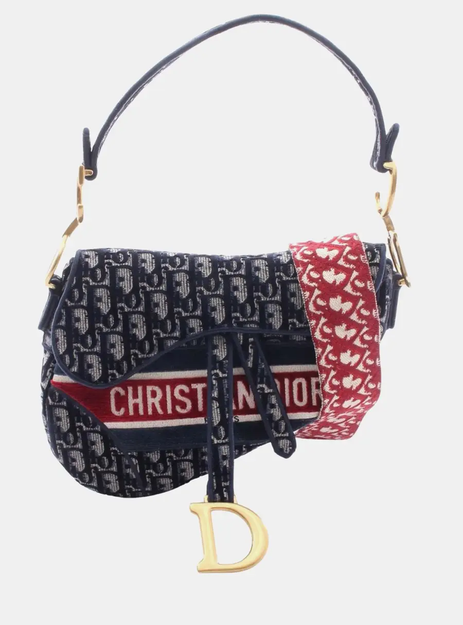 Dior Saddle Logo Embroidered Blue Canvas Shoulder Bag