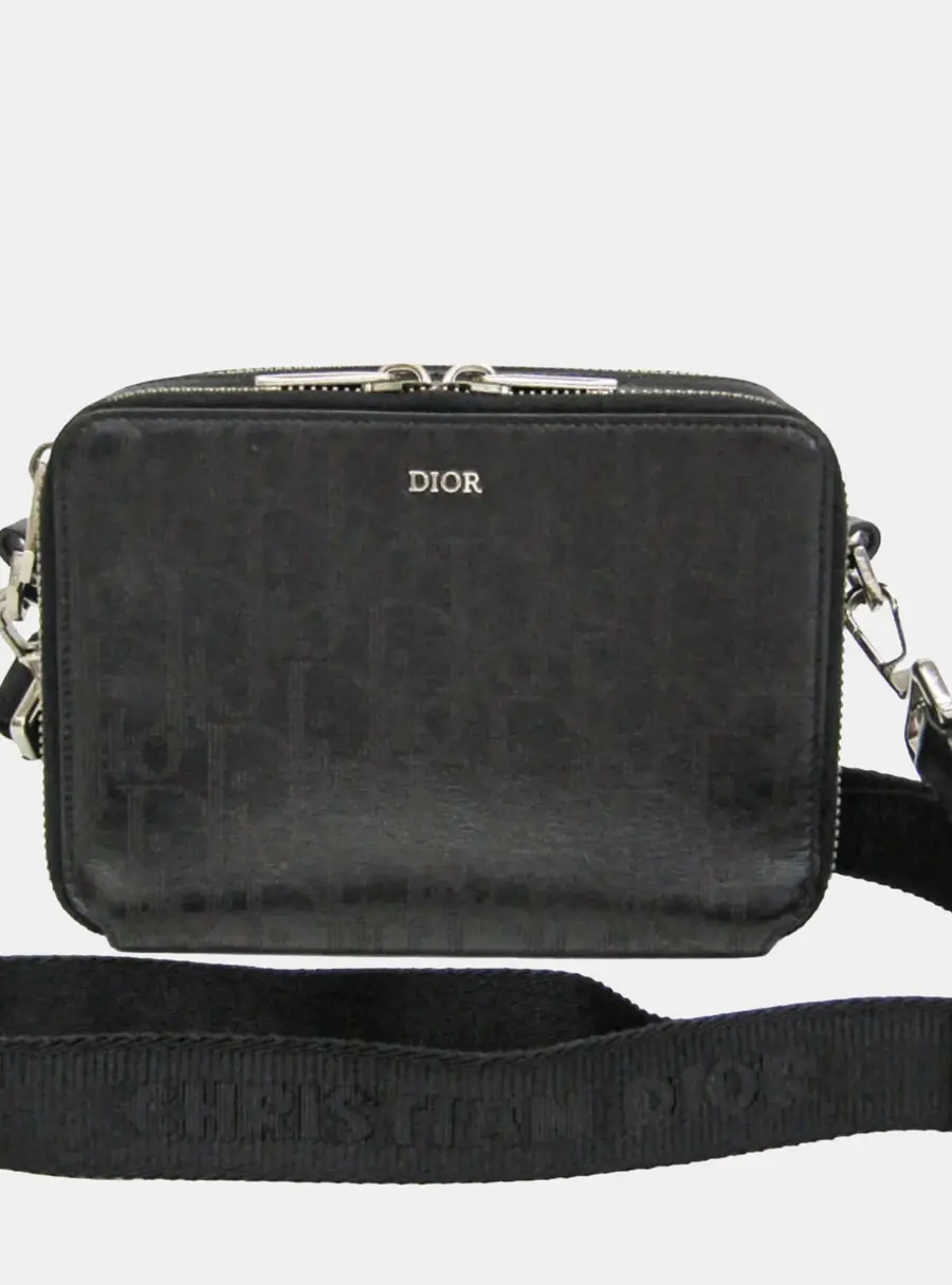 Christian Dior Oblique Galaxy Black Calfskin Leather Messenger Shoulder Bag