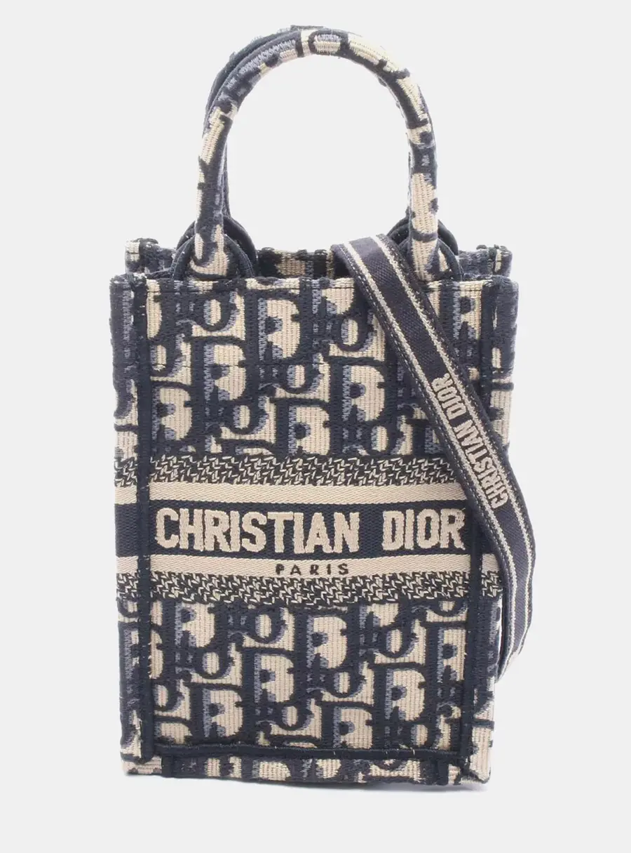 Christian Dior Mini Vertical Navy Blue Beige Canvas Crossbody Phone Bag