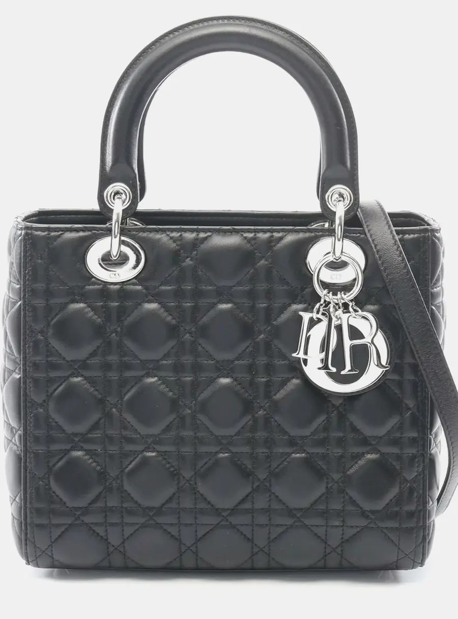 Dior Lady Dior Black Leather Medium Top Handle Bag