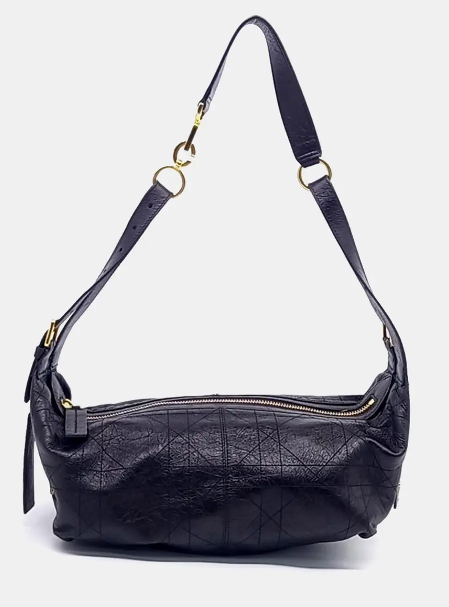 Christian Dior D-Journey Medium Black Crinkled Lambskin Leather Shoulder Bag