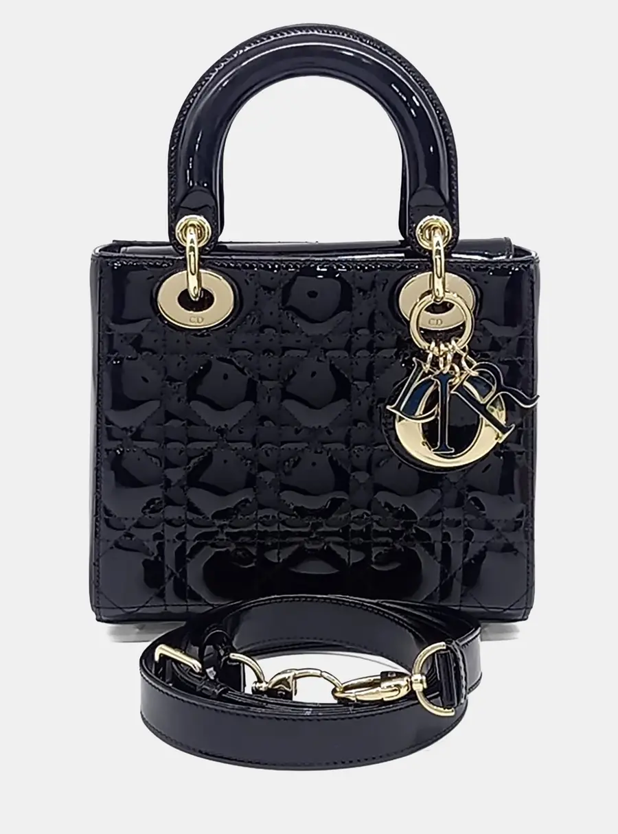 Christian Dior Lady Dior Small Black Patent Leather Top Handle Bag