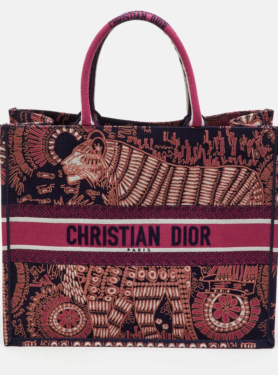 Dior Book Tote Large Pink/Navy Blue Animals Tiger Embroidered Canvas Tote